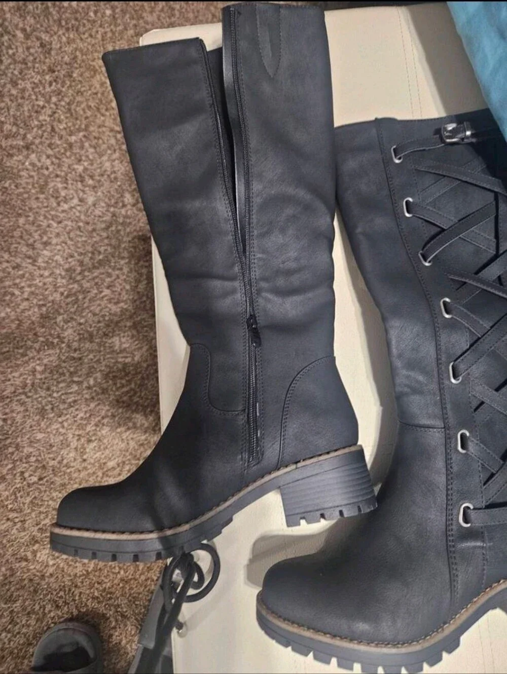 Black Lace-Up Knee High Boots - Women